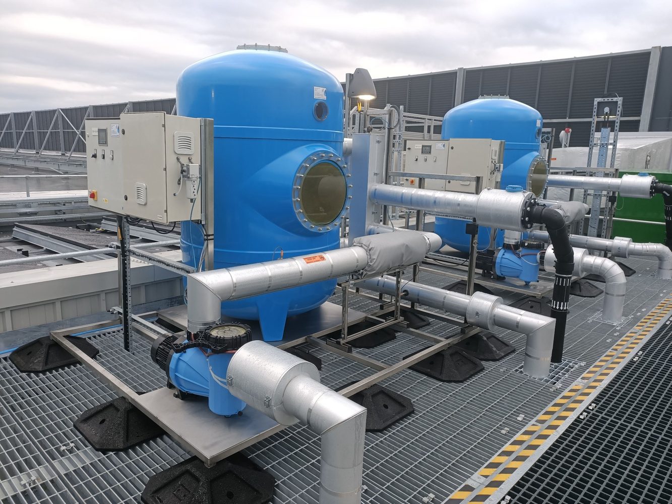 Rooftop water treatment packaged skid with control panels